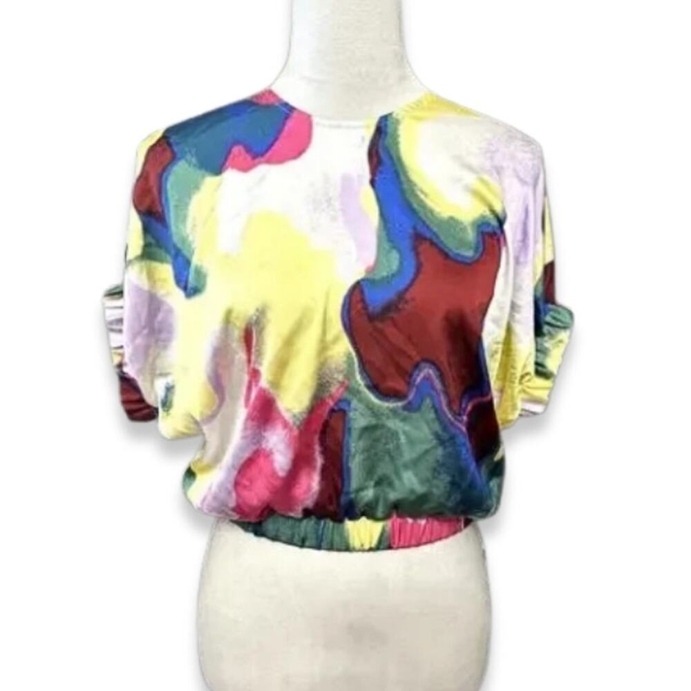 Open Edit Satin Blouse Short Sleeve Cut Out Back Multicolor Women's Medium NWOT